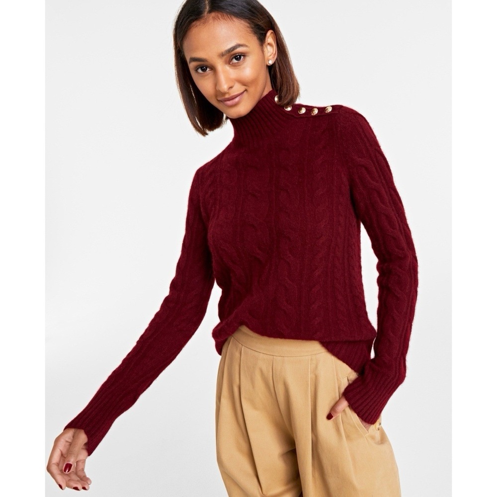 NEW CHARTER CLUB 2 PLY 100% CASHMERE MOCK NECK CABLE KNIT SWEATER XL BURGUNDY